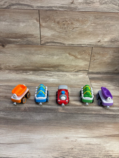 Front view of Lakeshore Link & Go! 5-piece magnetic train with red engine and four colorful cars on wood background