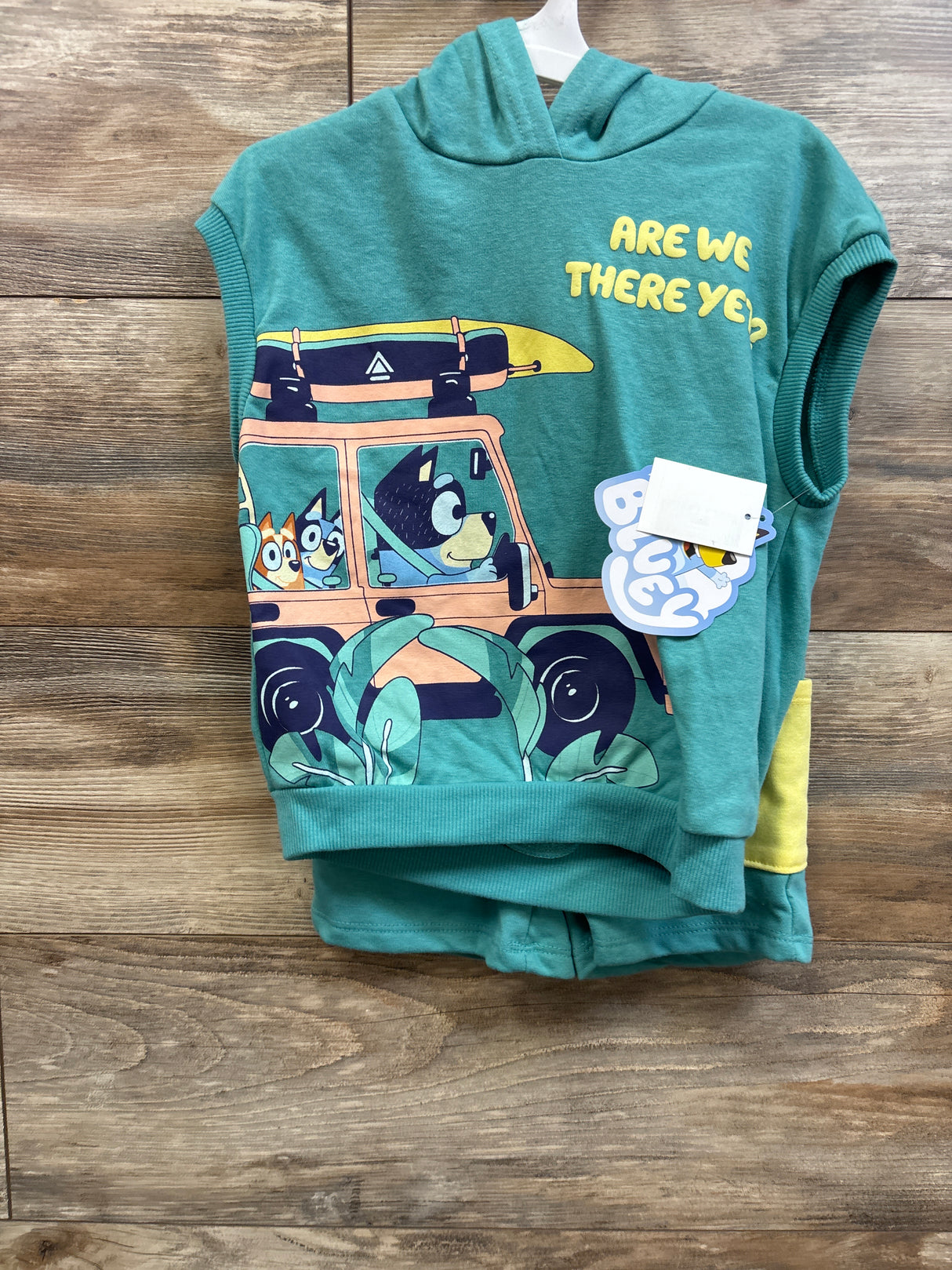 NEW Bluey 2pc Are We There Yet Sleeveless Pull Over Hoodie & Bottoms Set Teal sz 4T