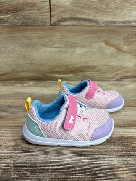 Front view of See Kai Run Basics Stryker sneakers with pink mesh, purple toe caps, blue lining, and hook and loop straps