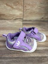 Side view of FEETCITY toddler purple wide barefoot water shoes showing Velcro strap, mesh upper, and white sole on wood floor