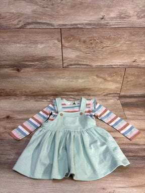 Pastel striped long sleeve shirt with mint green corduroy toddler overall dress