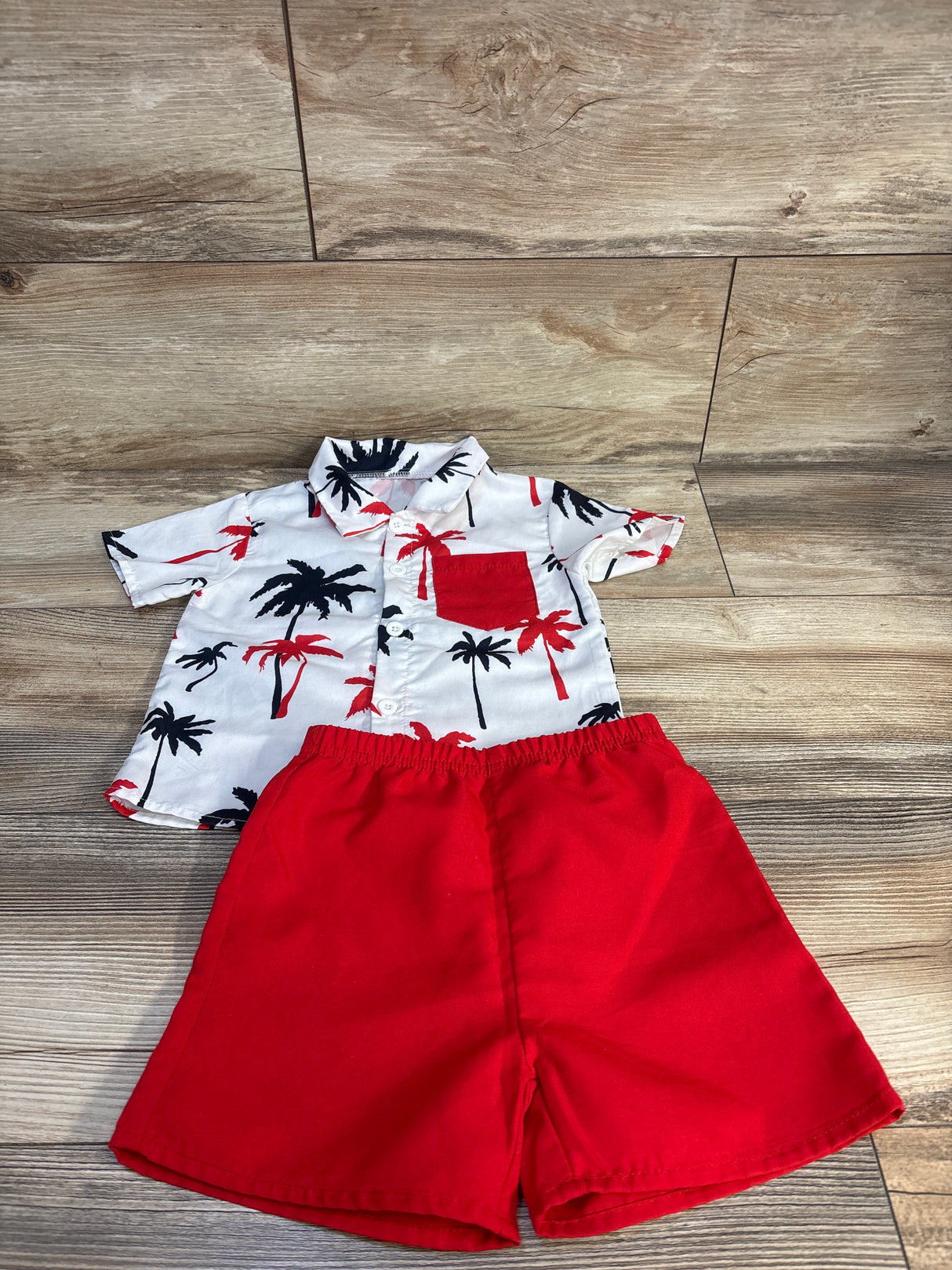 2pc Palm Tree Print Button Up Pocket Shirt White/Red sz 18-24m