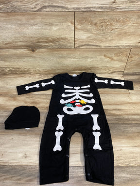 Black skeleton baby onesie with matching hat, perfect for Halloween or costume parties.