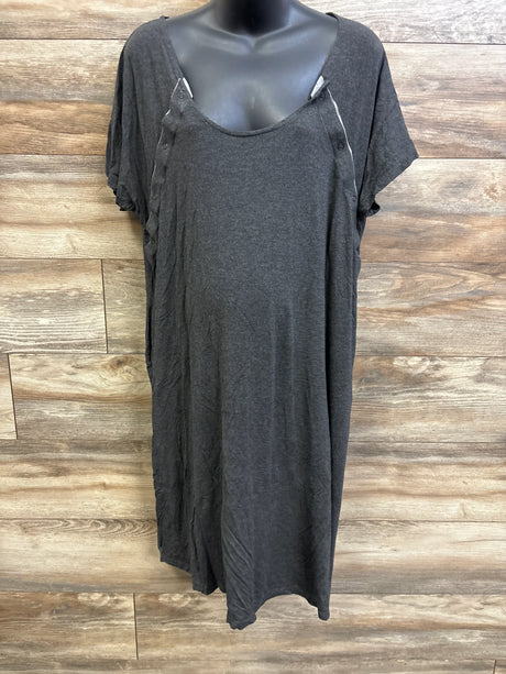 Front view of Frida delivery and nursing gown in grey showing snap nursing closures on shoulders on wood panel background