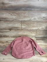 Back view of Janie and Jack red linen-cotton button-up shirt showing long sleeves and button cuffs on wood floor