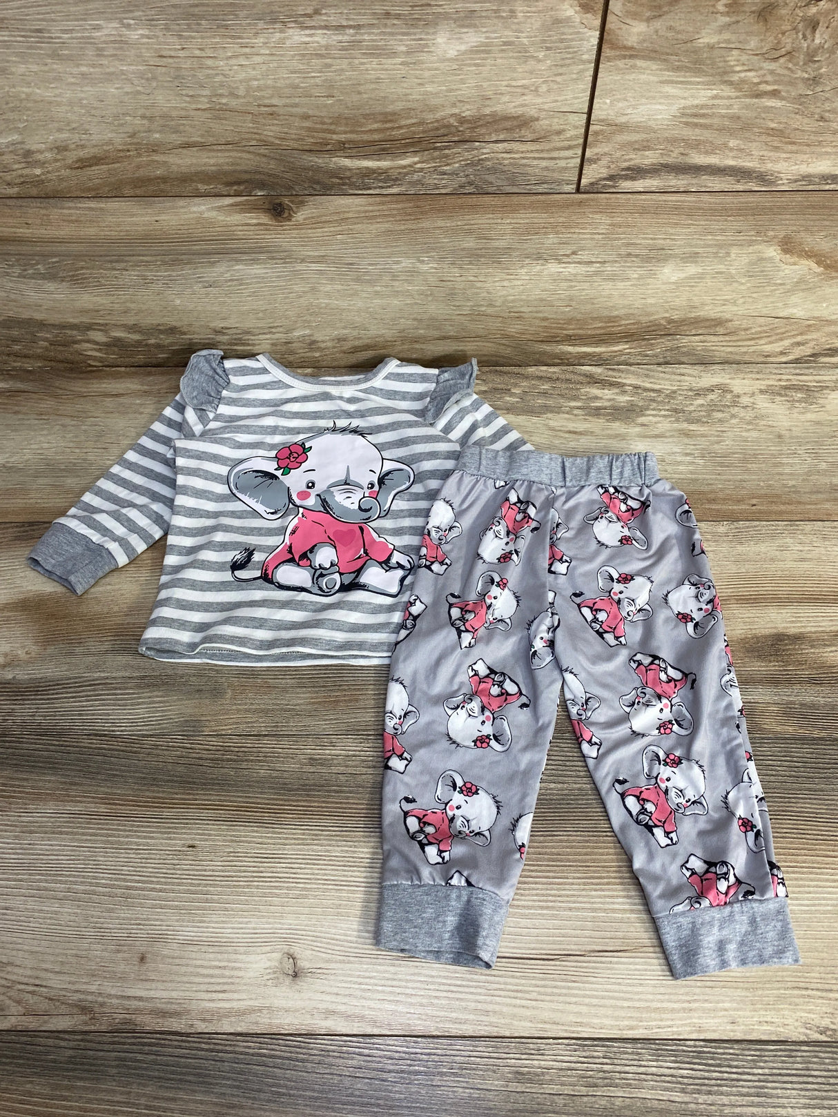 2pc Elephant Striped Shirt & Pants Grey sz 9-12m
