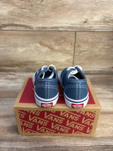 Rear view of navy Vans Authentic low top sneakers size 4C showing white stitching and Off The Wall heel logos on Vans shoebox