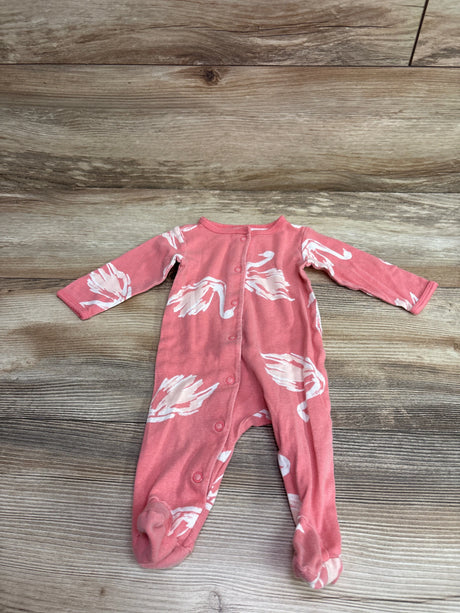 Front view of Carter’s pink footed snap sleeper, size 3 months, with white bird print on a wood surface