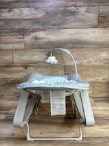 Front view of Ingenuity Keep Cozy bouncer showing padded gray and mint seat, toy elephant arm, and rocker legs on wood floor