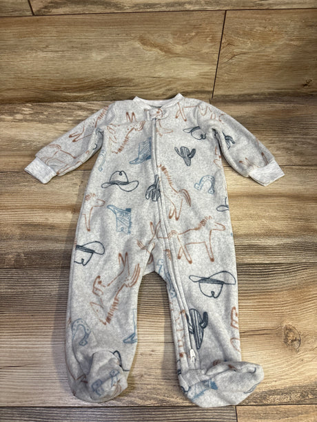 Front view of Carter’s grey blanket sleeper in size 6 months showcasing a front zipper, footed legs, and cowboy cactus print
