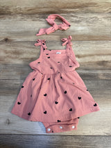 Shein 2pc Ribbed Heart Print Bodysuit Dress & Head Piece Set Pink sz 6-9m