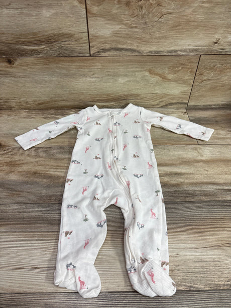 Front view of ivory Just One You waffle knit sleeper with long sleeves, footed legs, animal print, and front zipper