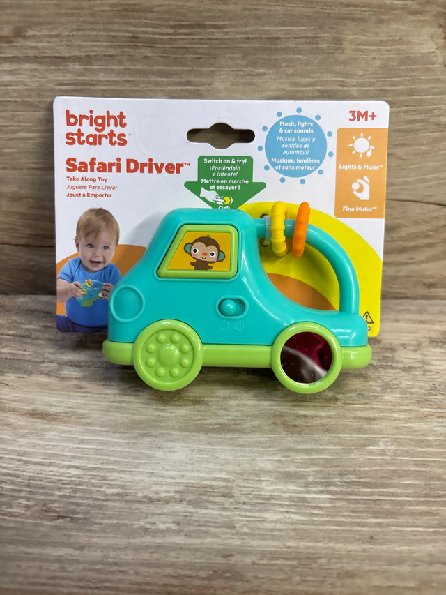 Front view of Bright Starts Safari Driver Take Along Musical Toy with turquoise and lime-green design and steering wheel