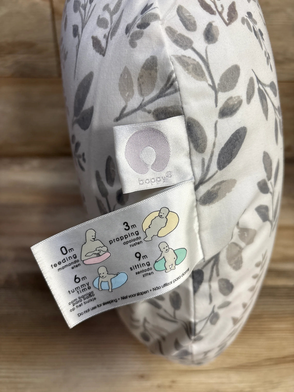 Boppy Nursing Pillow with Grey Beige Leaf Slipcover