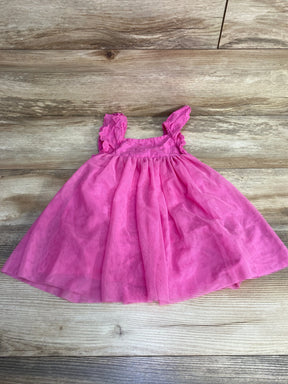 Flat-lay of pink Cat and Jack eyelet tulle dress size 18M showcasing eyelet bodice, ruffled straps and tulle skirt on wood floor