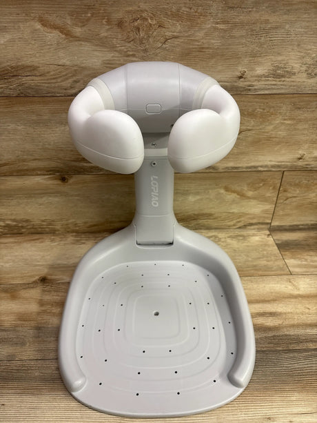 Front view of Lopiao baby bath stand showcasing white padded supports and perforated basin with wood flooring