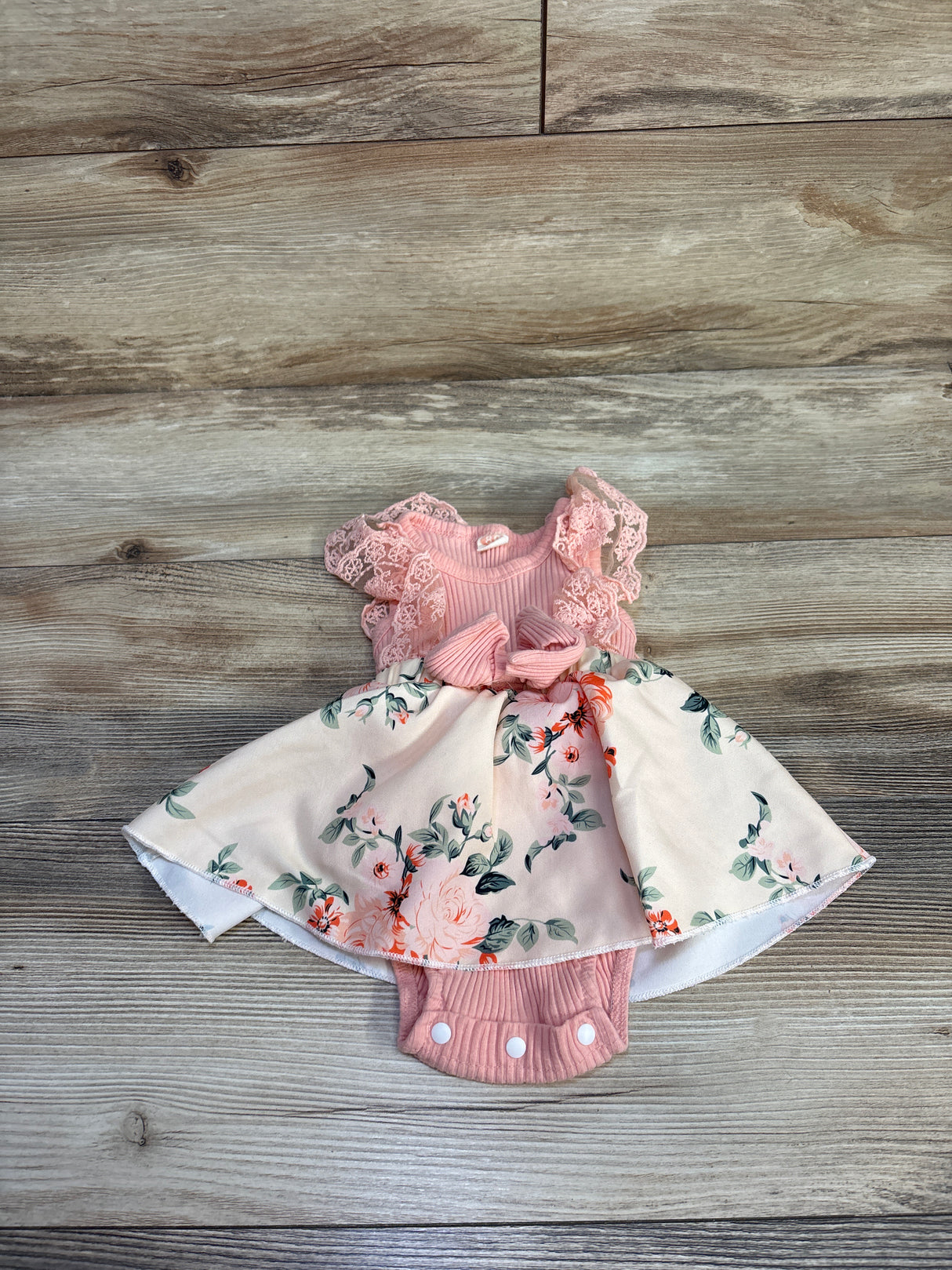 Karwuiiio Ribbed Lace Sleeve Floral Bodysuit Dress Pink sz 9-12m