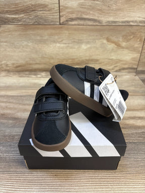 Black toddler sneakers with white stripes and velcro straps, new with tags on box