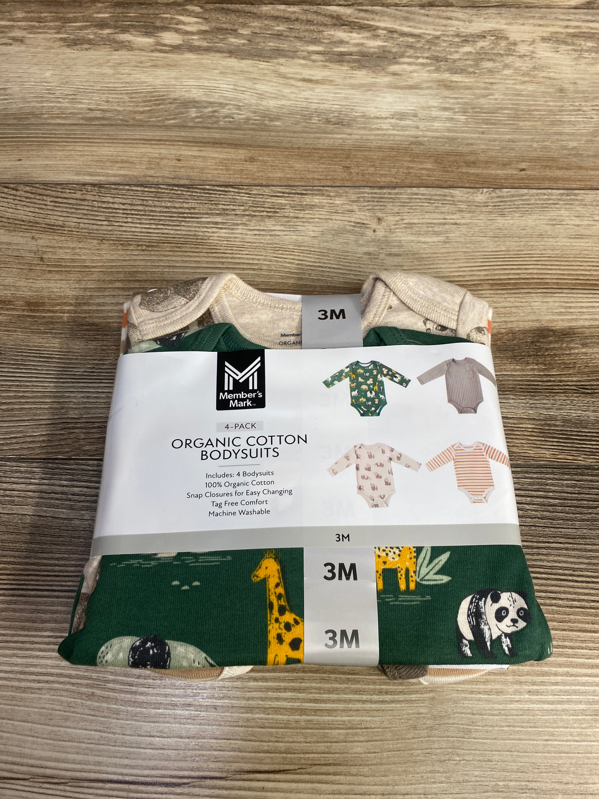 NEW Members Mark 4pk Panda Bodysuit Set Green sz 3m