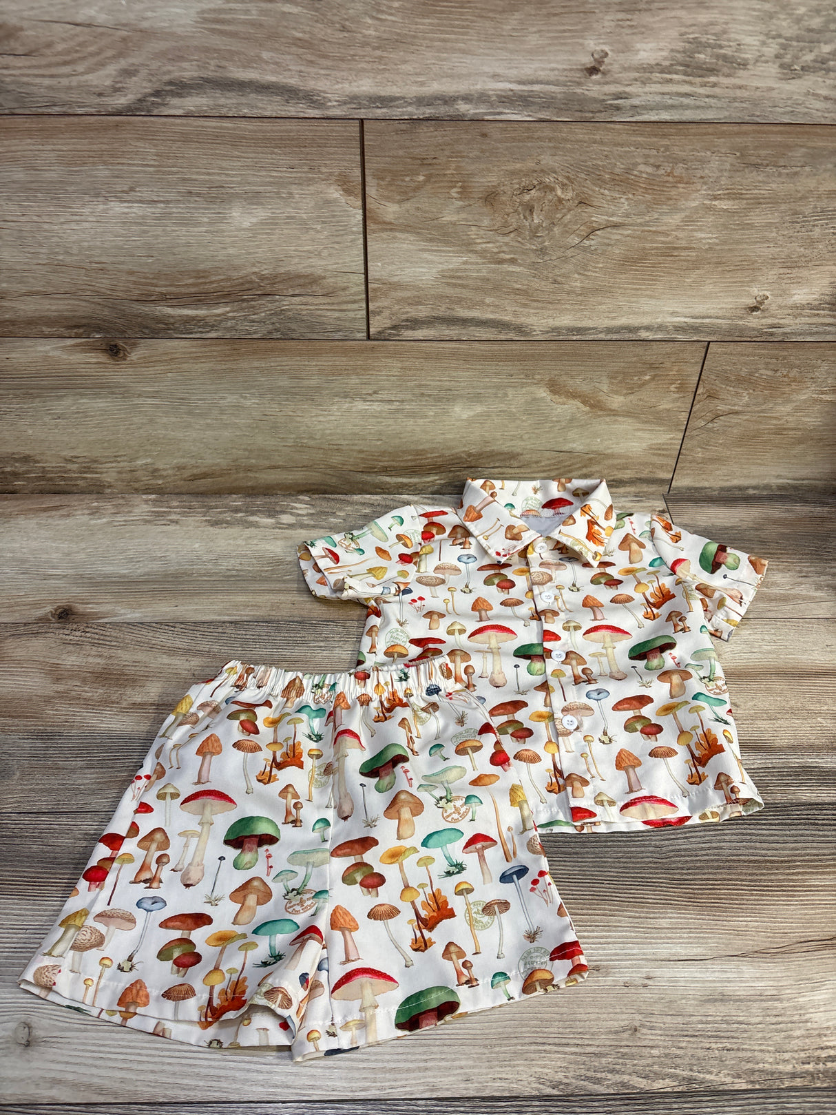 Mushroom Print 2pc Button-Up Shirt & Shorts Set Beige sz 18-24m
