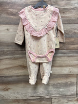 NEW Snug 3pc Eyelet Trim Bodysuit, Footed Pants, & Bib Set Beige sz 6-9m