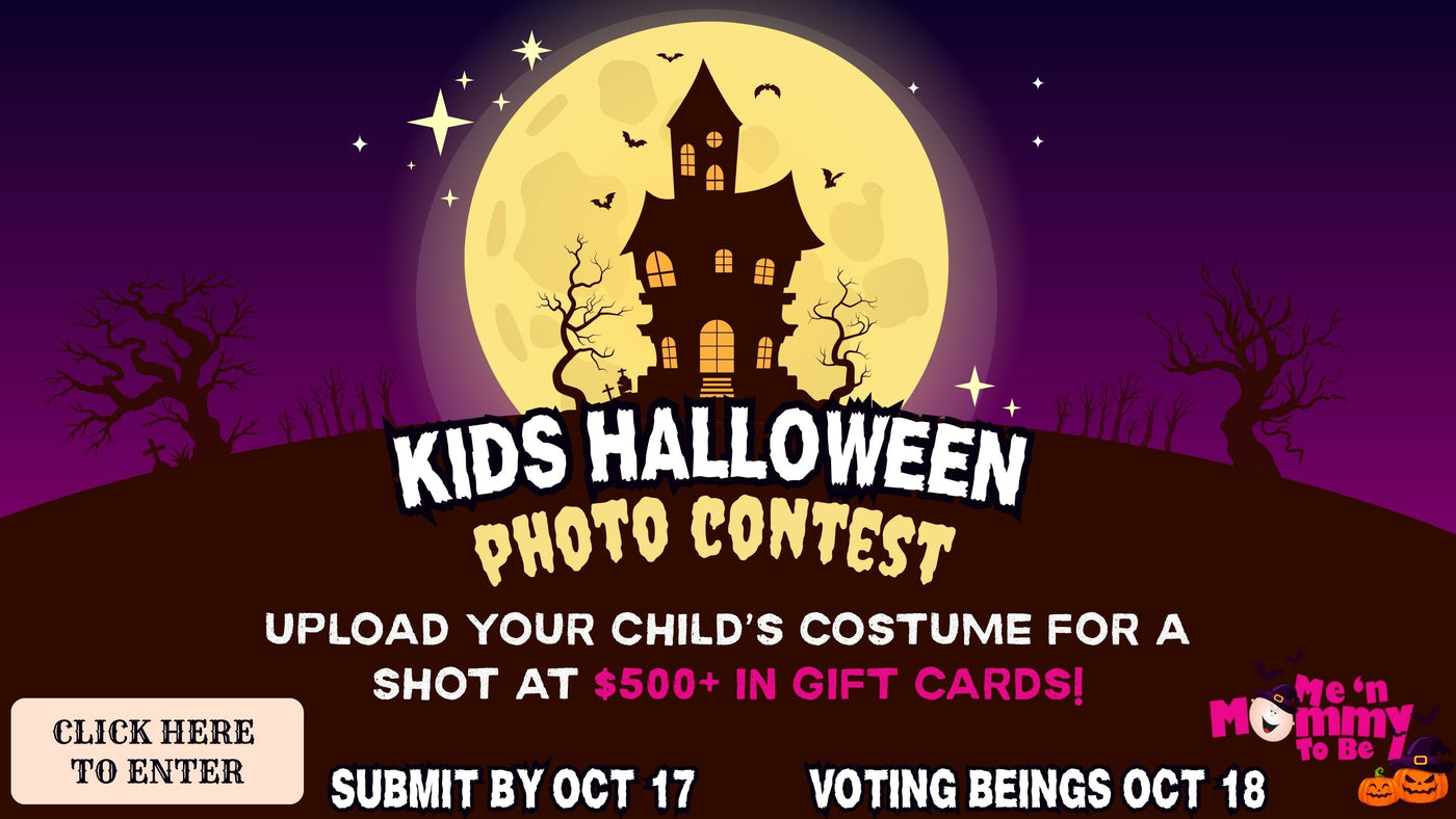 Halloween-themed kids photo contest flyer with a haunted house and full moon.