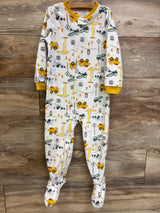 Baby footed sleeper with construction vehicle and crane print, yellow trim, long sleeves