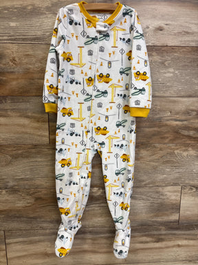 Baby footed sleeper with construction vehicle and crane print, yellow trim, long sleeves