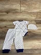 3pc Star Print Bodysuit + Pants + Hat White sz 9m