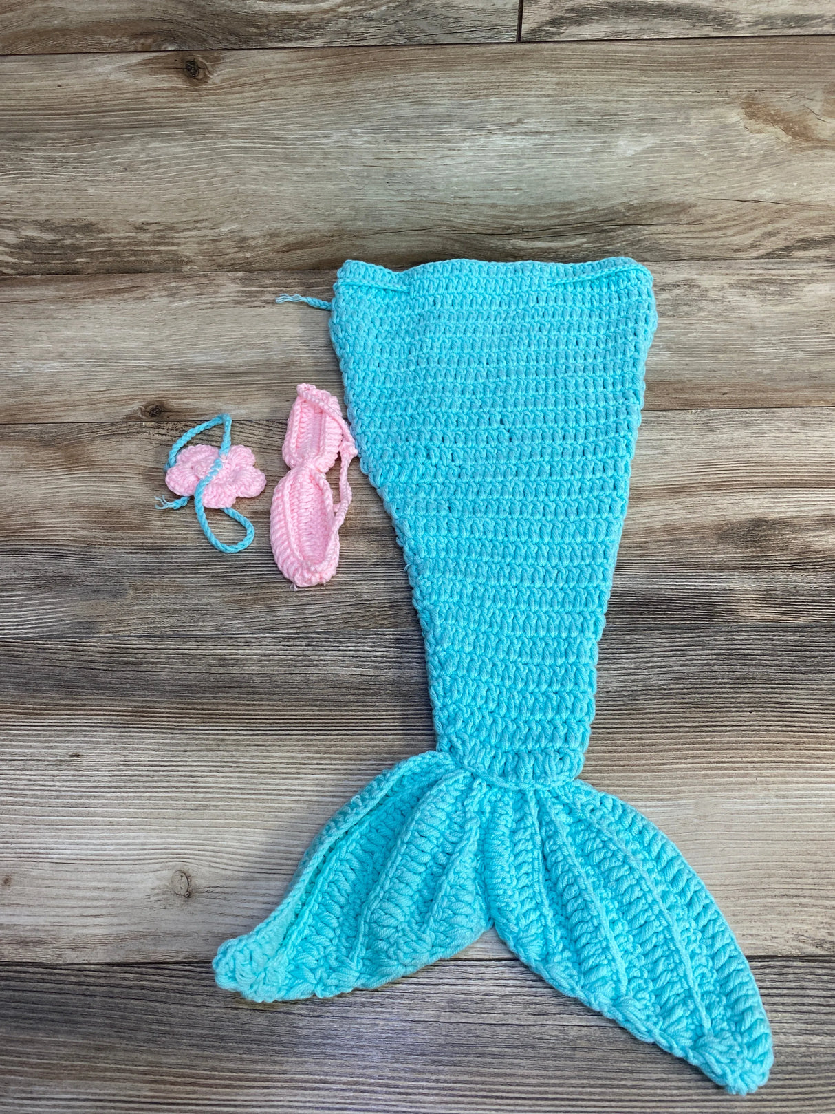 3pc Crochet Mermaid Top + Bottom + Headband Pink/Blue sz 18m-2T