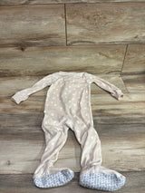 Front view of Carter’s tan blanket sleeper showcasing white dots and enclosed grippy feet on wood flooring, size 12 months