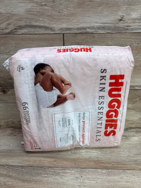 Package of Me n Mommy To Be Huggies Skin Essentials diapers size 1, 66 count.