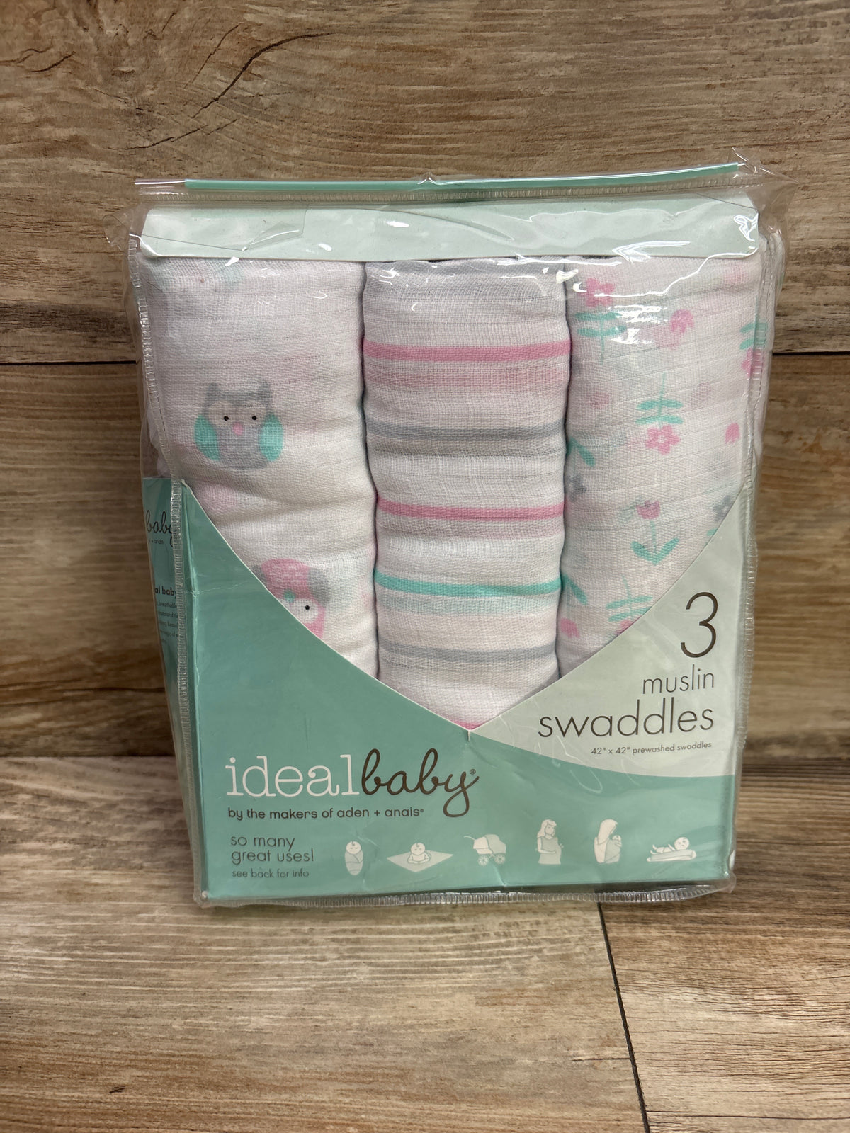 NEW Ideal Baby 3pk Muslin Swaddle Blankets 42x42''