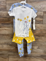 Kids bee and flower print outfit set with white tee, yellow shorts, and blue leggings
