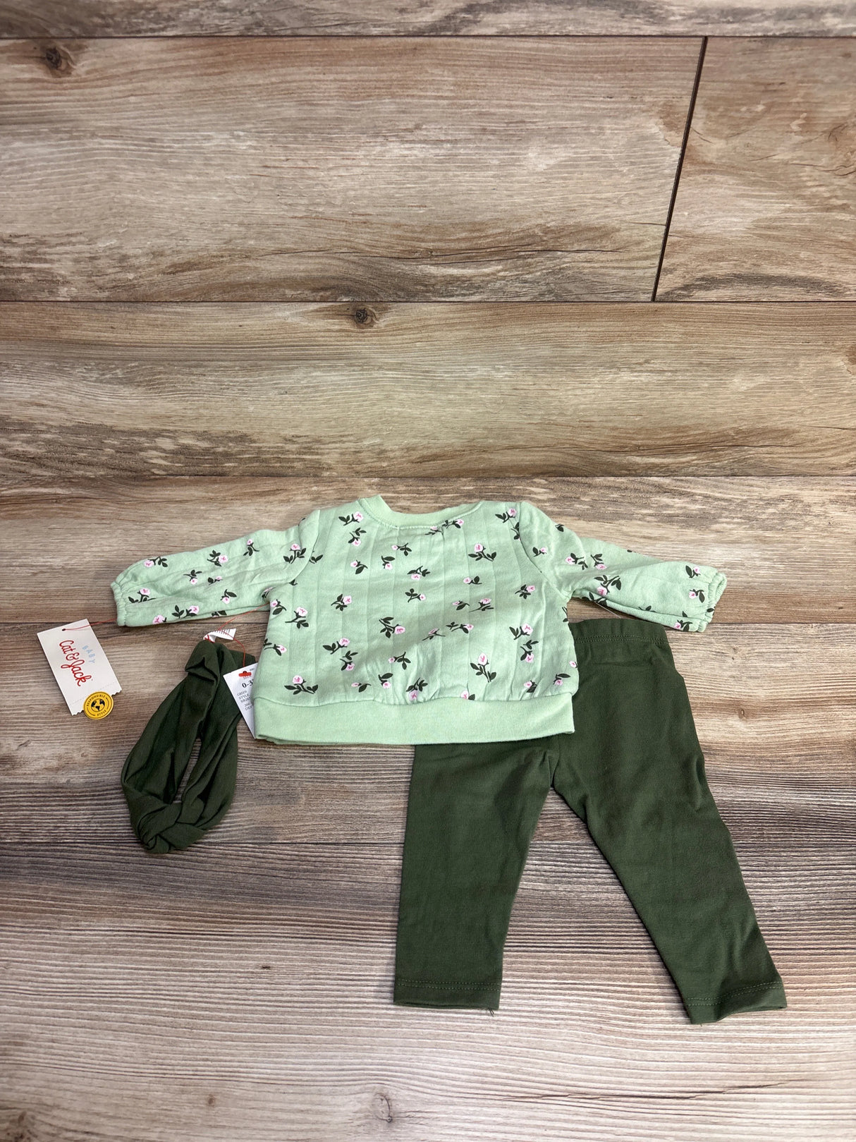 NEW Cat & Jack 3pc Ribbed Floral Sweatshirt & Bottoms Set Green sz 0-3m