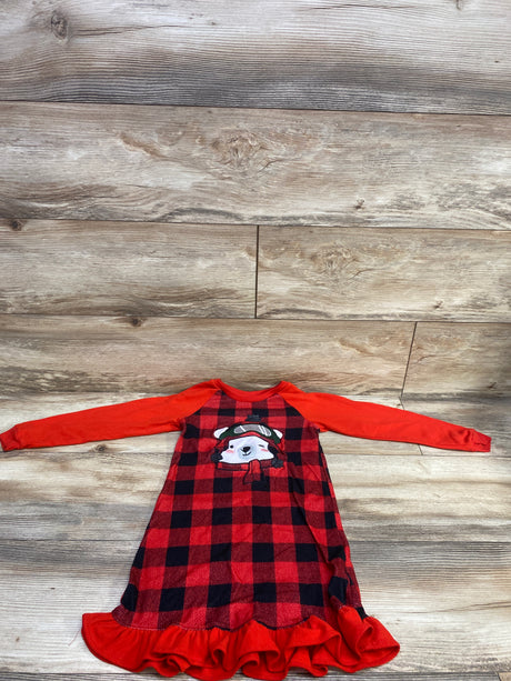 Front view of Cuddl Duds fleece nightgown showcasing red and black plaid, long red sleeves, dog graphic, and ruffled hem