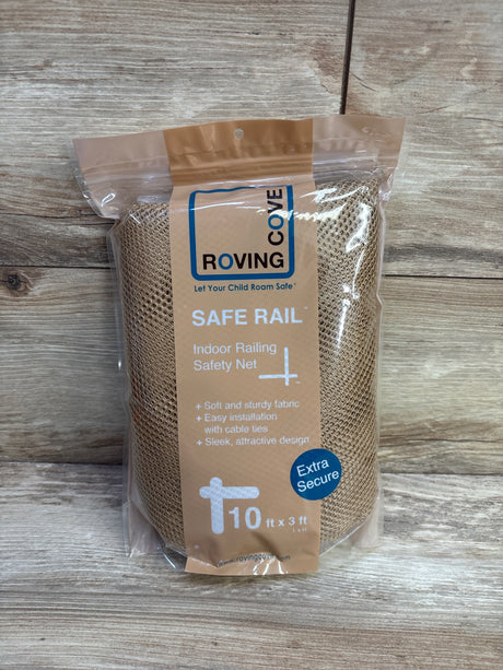 Front view of Roving Cove Safe Rail indoor railing safety net 10 ft x 3 ft, packaged mesh showing 'Extra Secure' sticker on light wood background