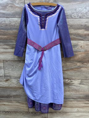 Purple kids dress with sheer sleeves, gold trim, and braided belt for costume or play