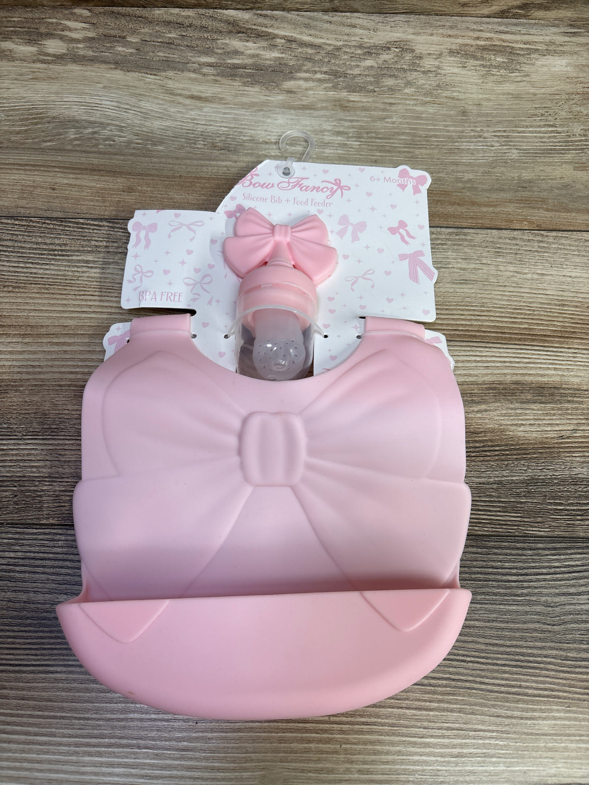 NEW Bow Fancy 2pc Silicone Bib + Food Feeder Set Pink sz 6m+