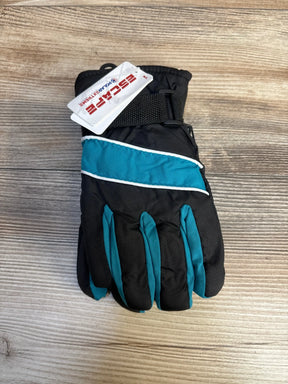 Kids insulated black and teal winter glove with tag on wood surface