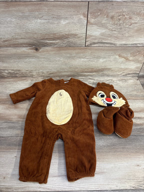 Brown baby chipmunk costume with beige belly and matching character hat on wood floor
