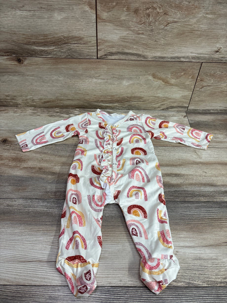 Ivory Me n Mommy To Be baby snap sleeper with colorful rainbow print and ruffle detail