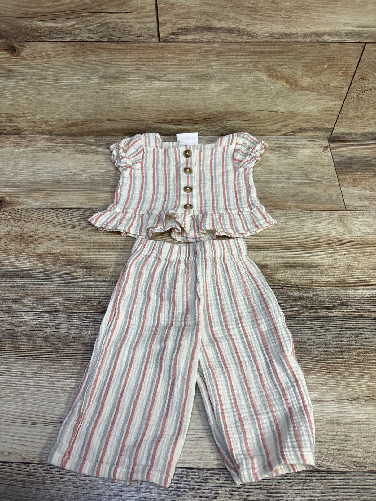 Little Lass 2pc Gauze Striped Peplum Top & Pants Set Ivory sz 12m
