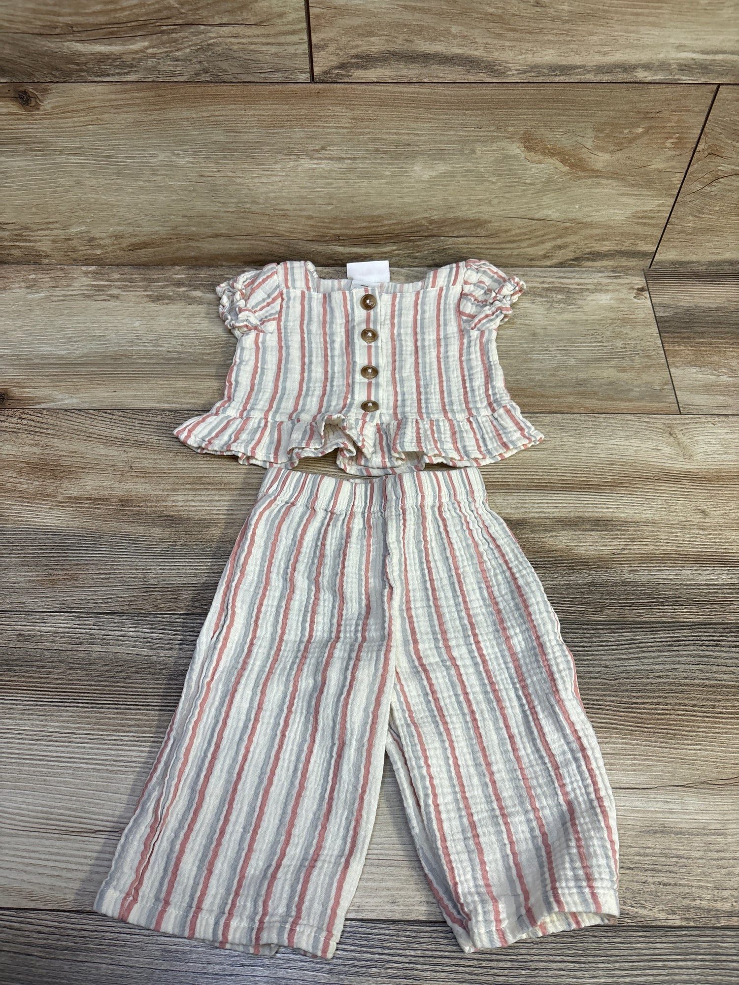 Little Lass 2pc Gauze Striped Peplum Top & Pants Set Ivory sz 12m