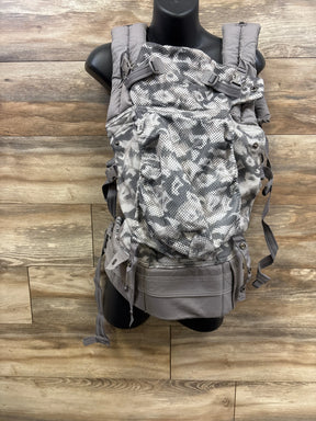 Gray camouflage baby carrier with mesh fabric, adjustable straps, and padded waist belt.