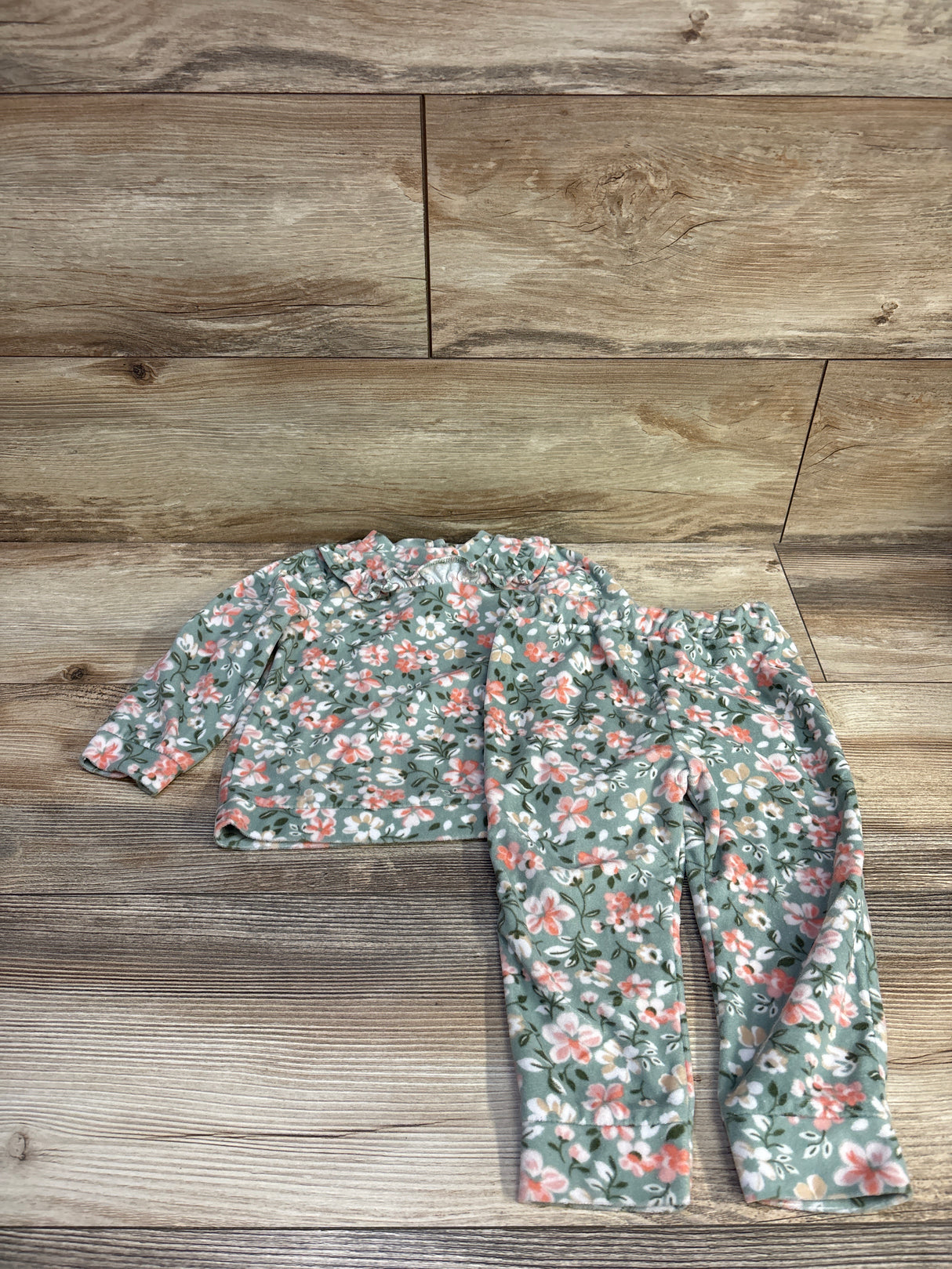 Little Lass 2pc Floral Fleece Long Sleeve Shirt & Pants Set Green sz 18m