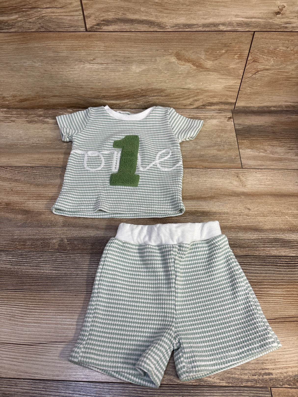 ChuYuKu 2pc Waffle Knit Striped One Shirt & Shorts Set Green sz 6-12m