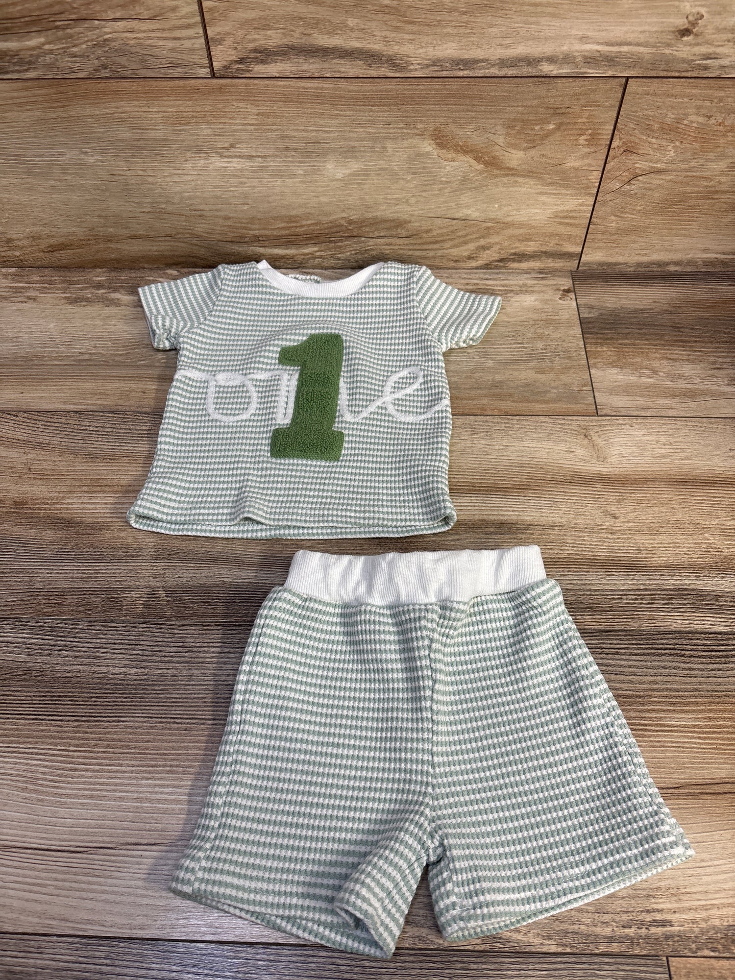 ChuYuKu 2pc Waffle Knit Striped One Shirt & Shorts Set Green sz 6-12m