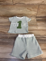 ChuYuKu 2pc Waffle Knit Striped One Shirt & Shorts Set Green sz 6-12m