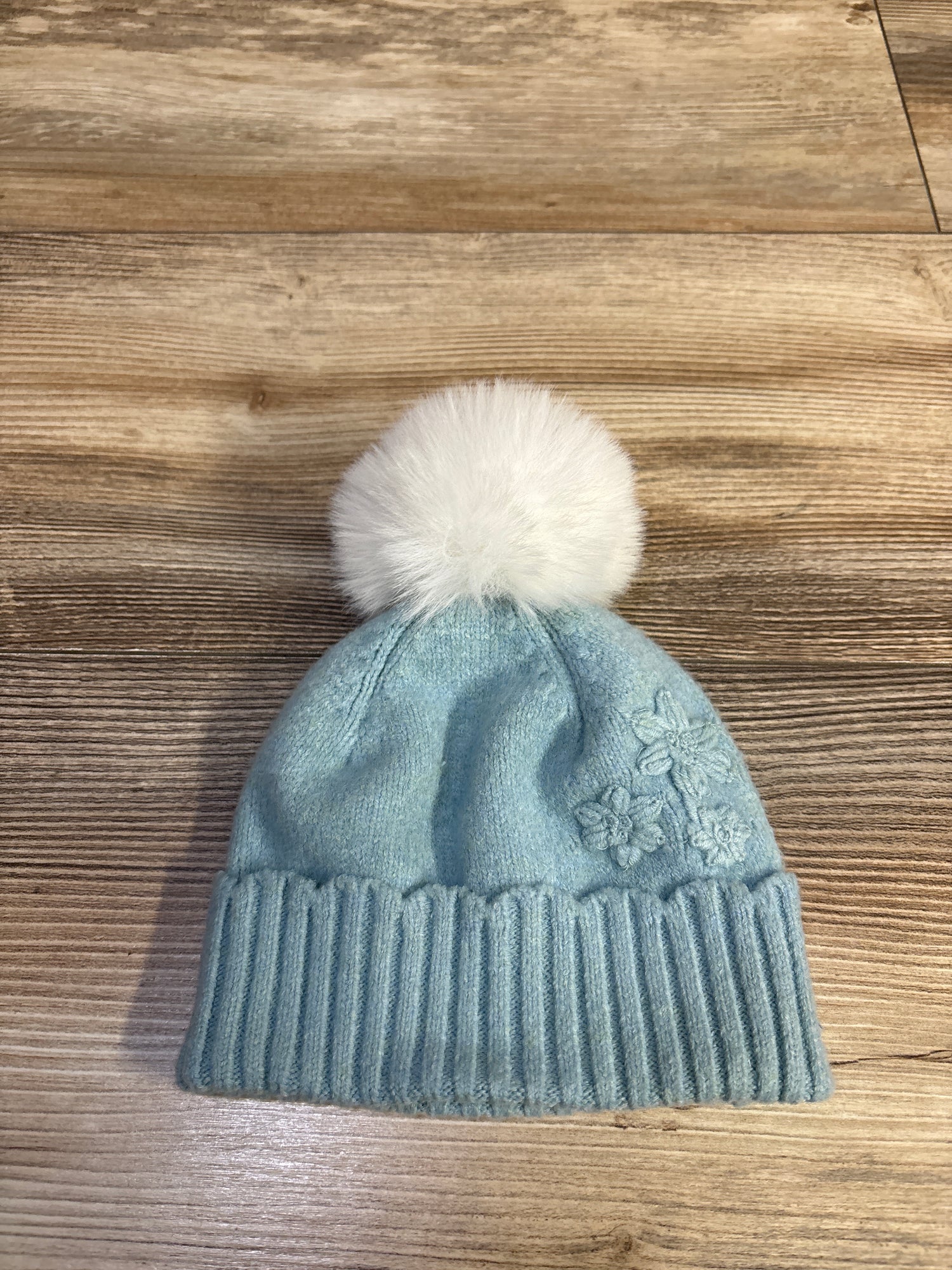 Knit Floral Pom-Pom Beanie Blue sz 6-9m